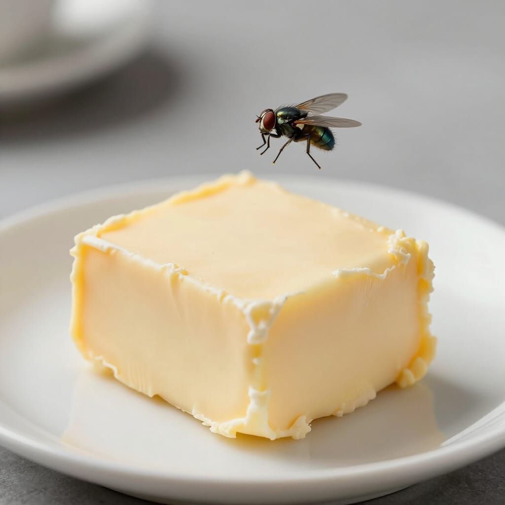 Photorealistic Macro Shot of Butter and Fly