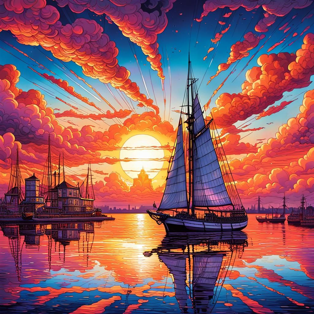 Sailing Ship at Sunset in Comic Book Style
