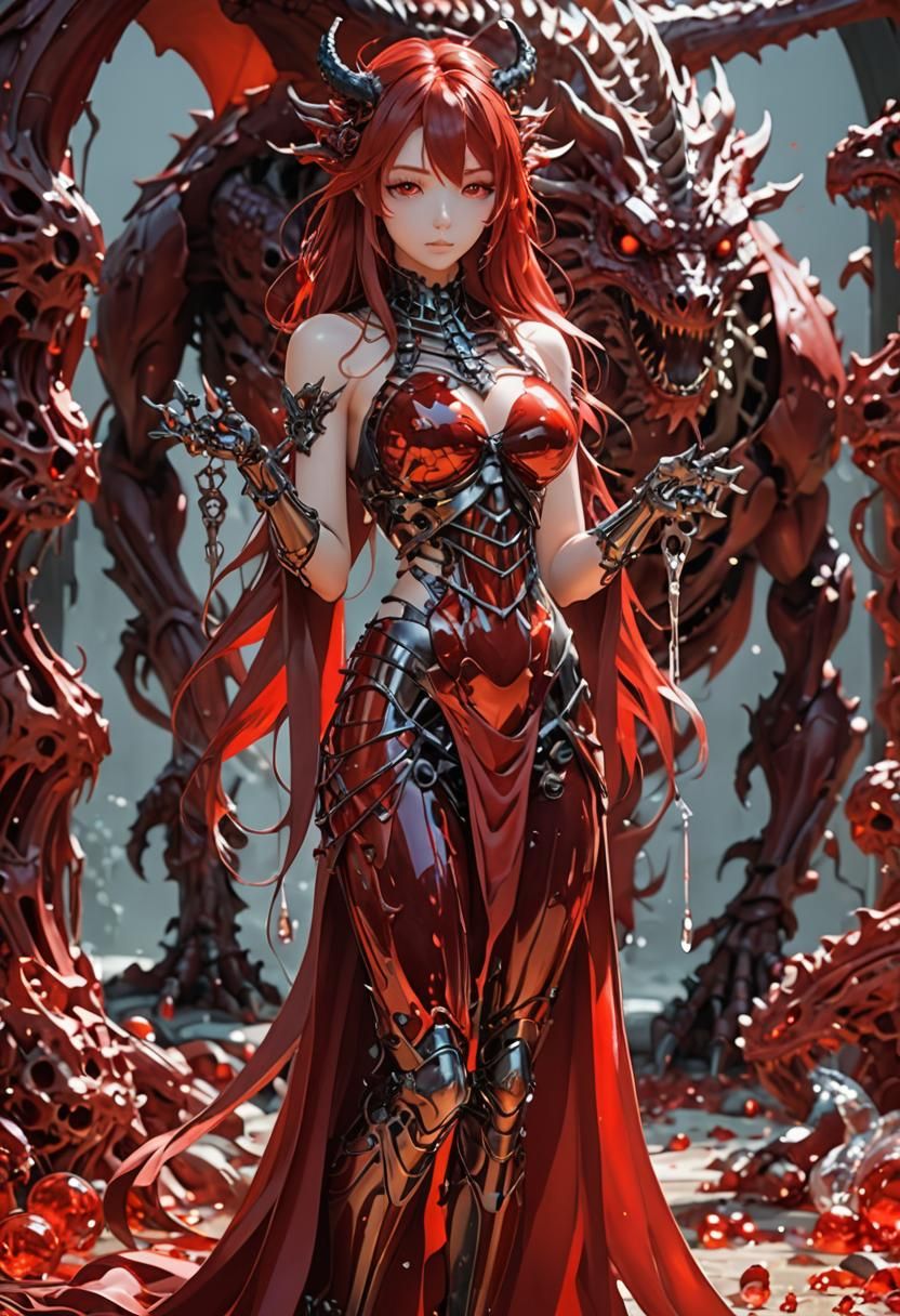 Red Dragon Girl Chimera with Robot Skeleton