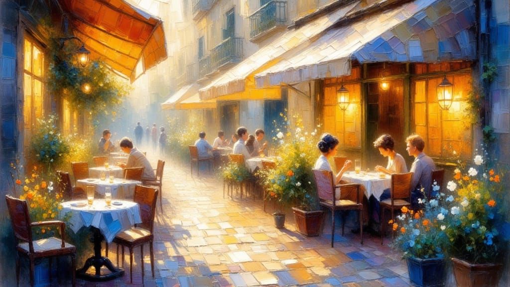 Lisbon Street Cafe in Impressionist Style