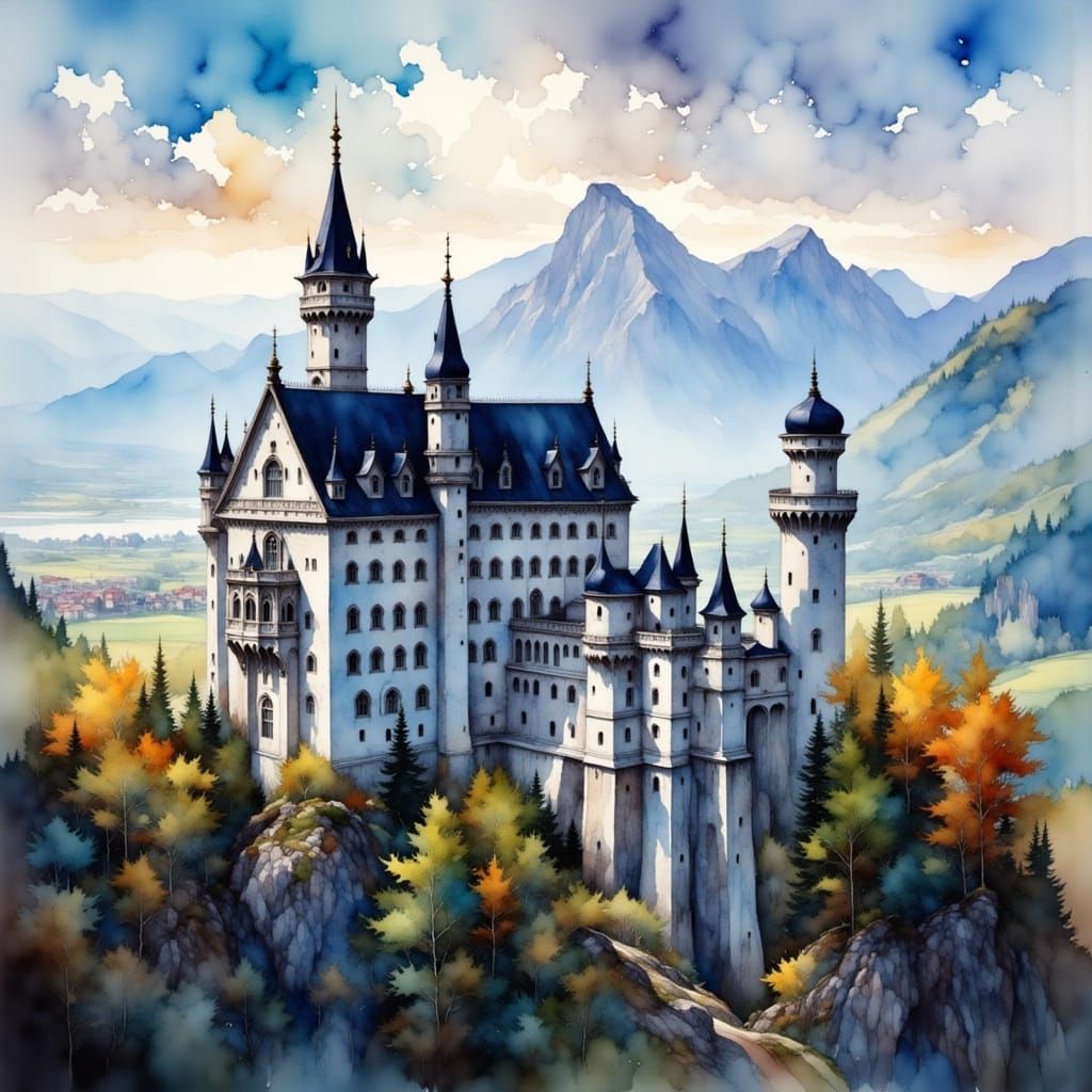 Neuschwanstein Castle in Antique Watercolor Style