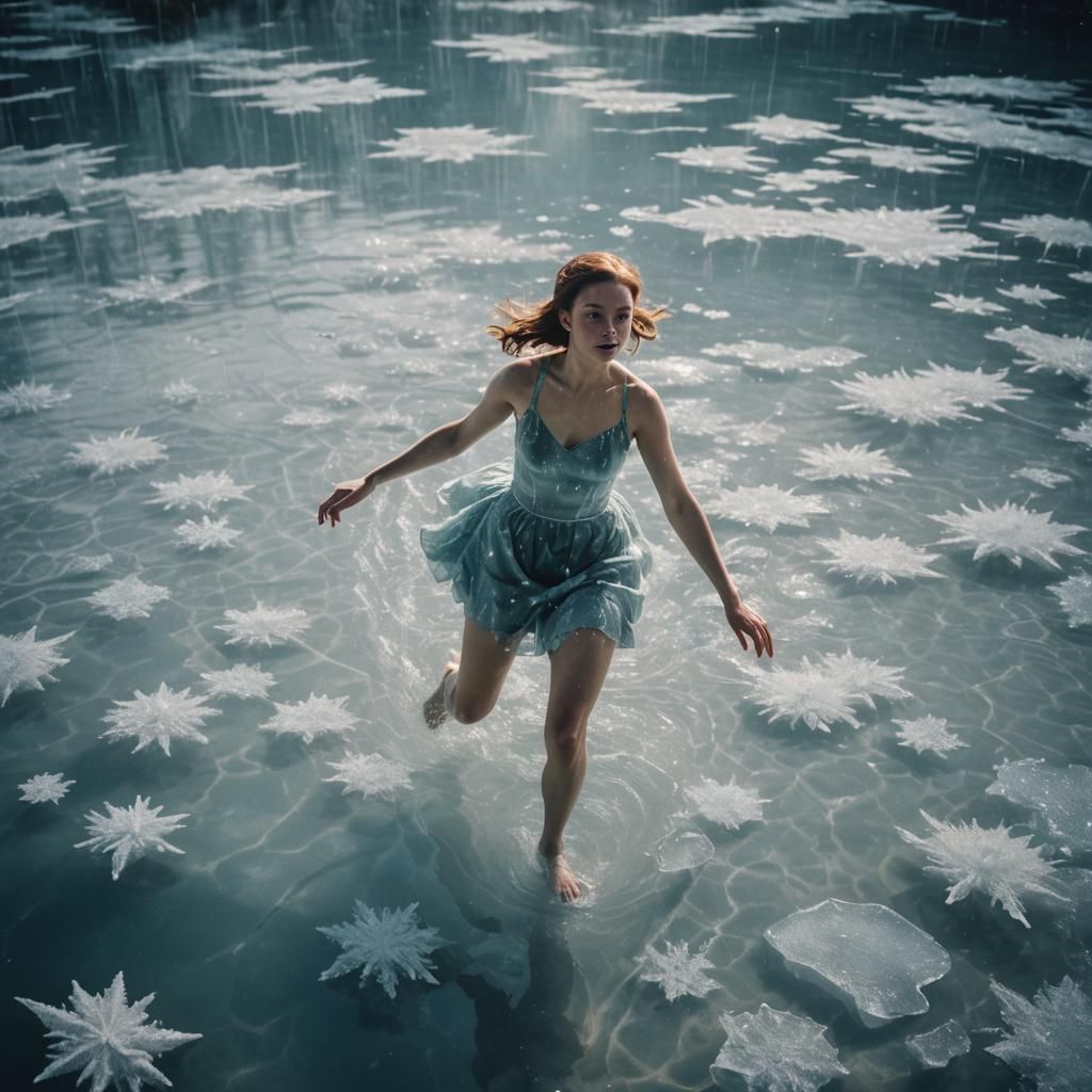 Woman Swimming Followed by Ice Crystals