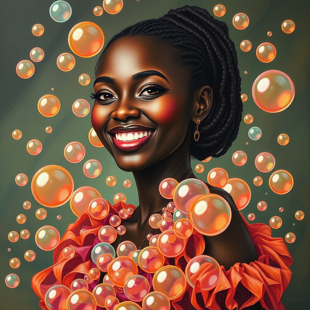 Surreal Bubble Dress on Smiling Woman: Gouache Painting