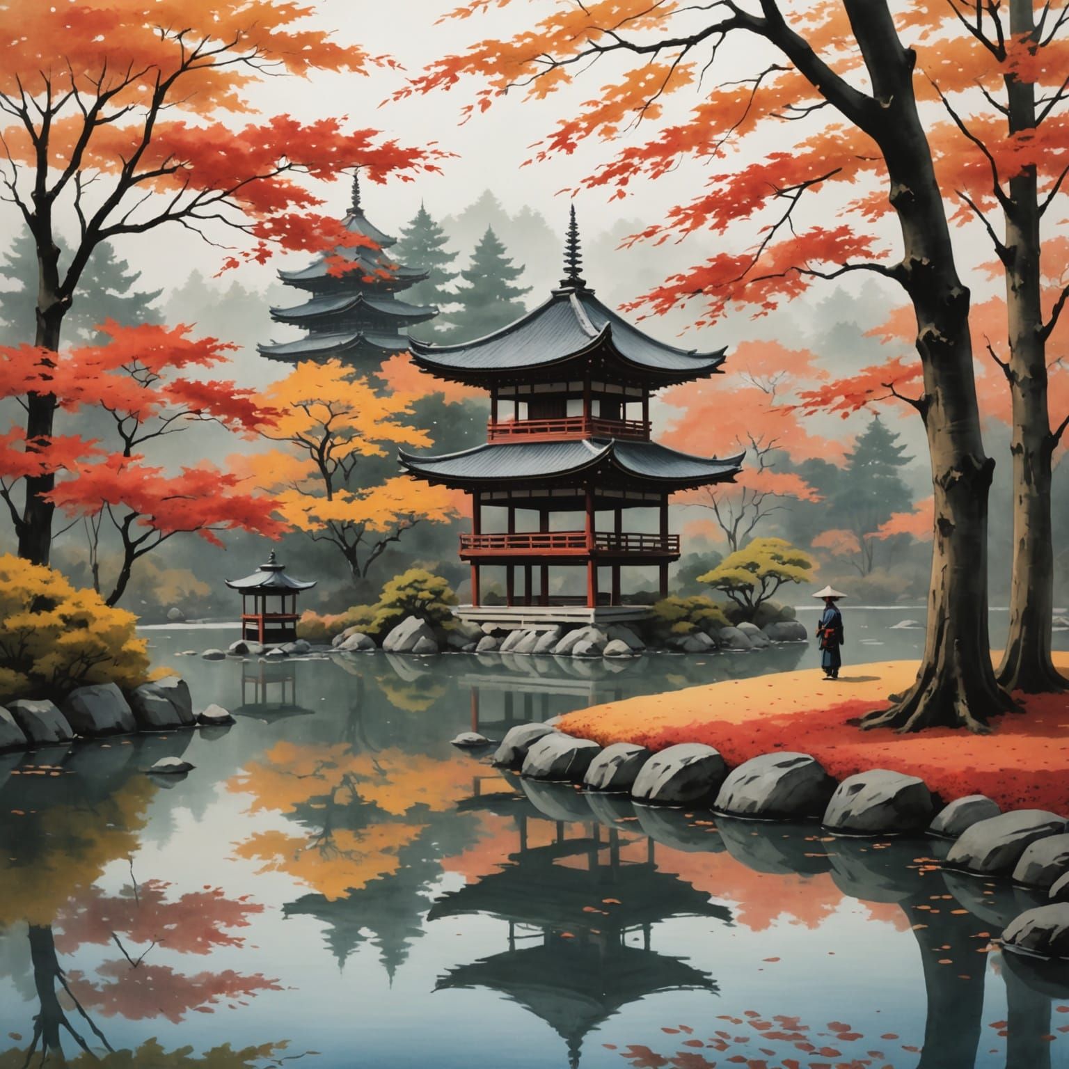 Serene Japanese Garden in Autumn with Meditating Samurai