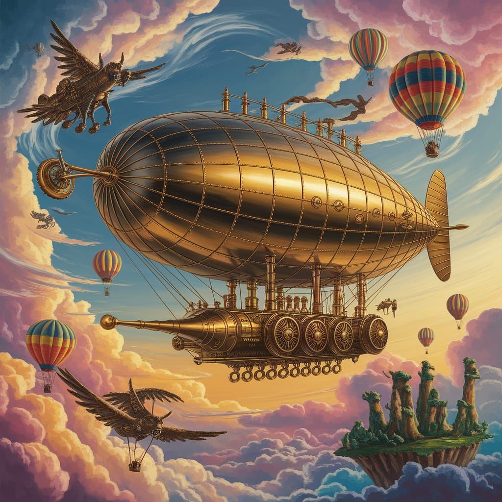 Steampunk Airship Soaring Through Fantasy Sky