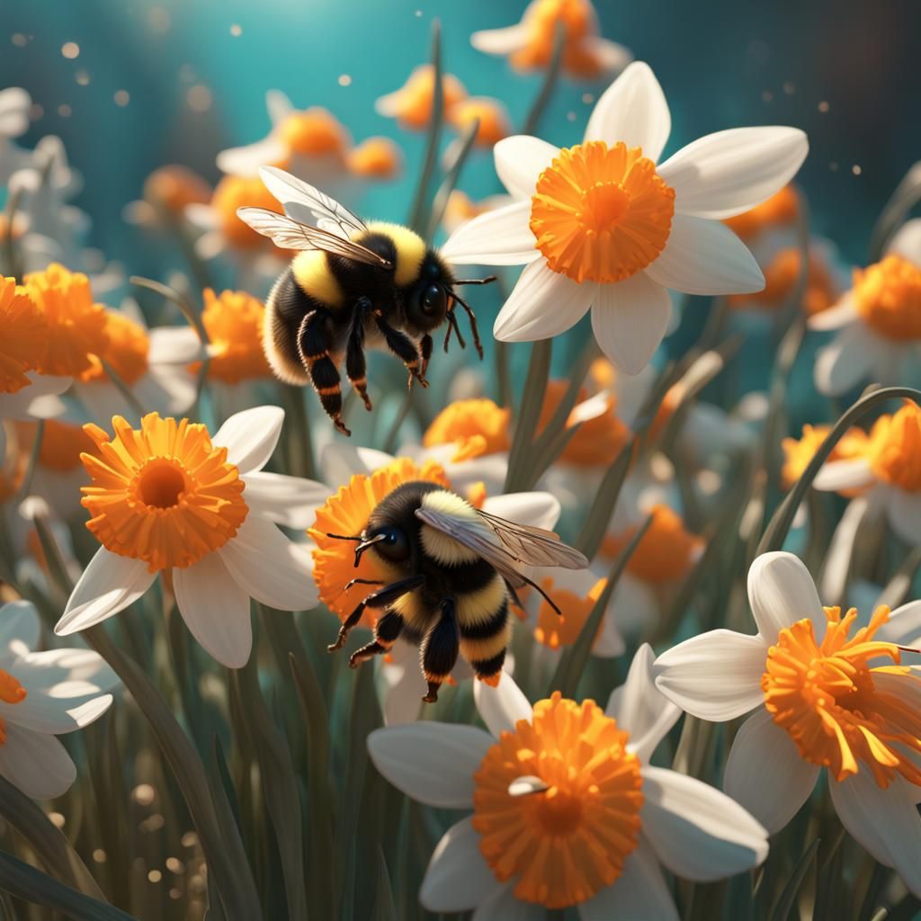 Bumblebees and Spring Flowers in Detailed Digital Art