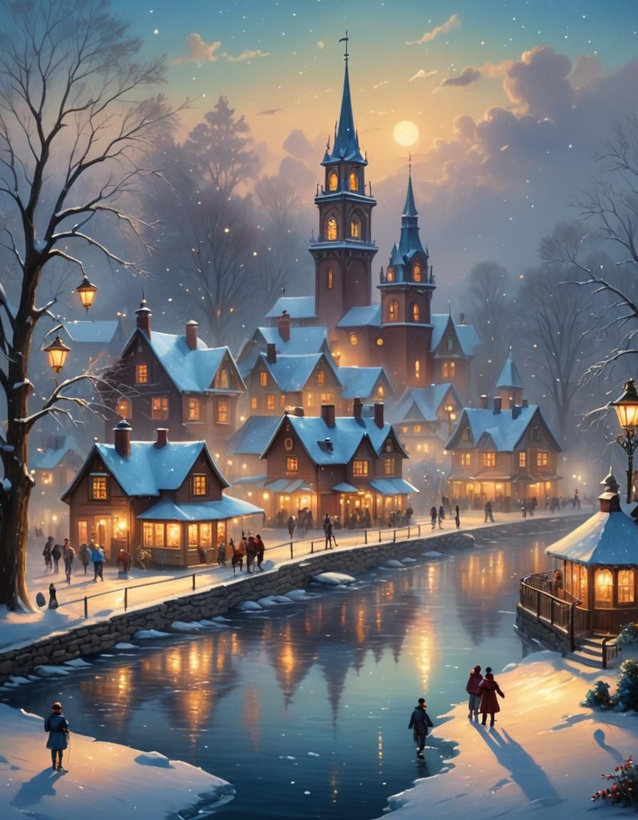 Victorian Village Ice Skating Pond in Kinkade Style