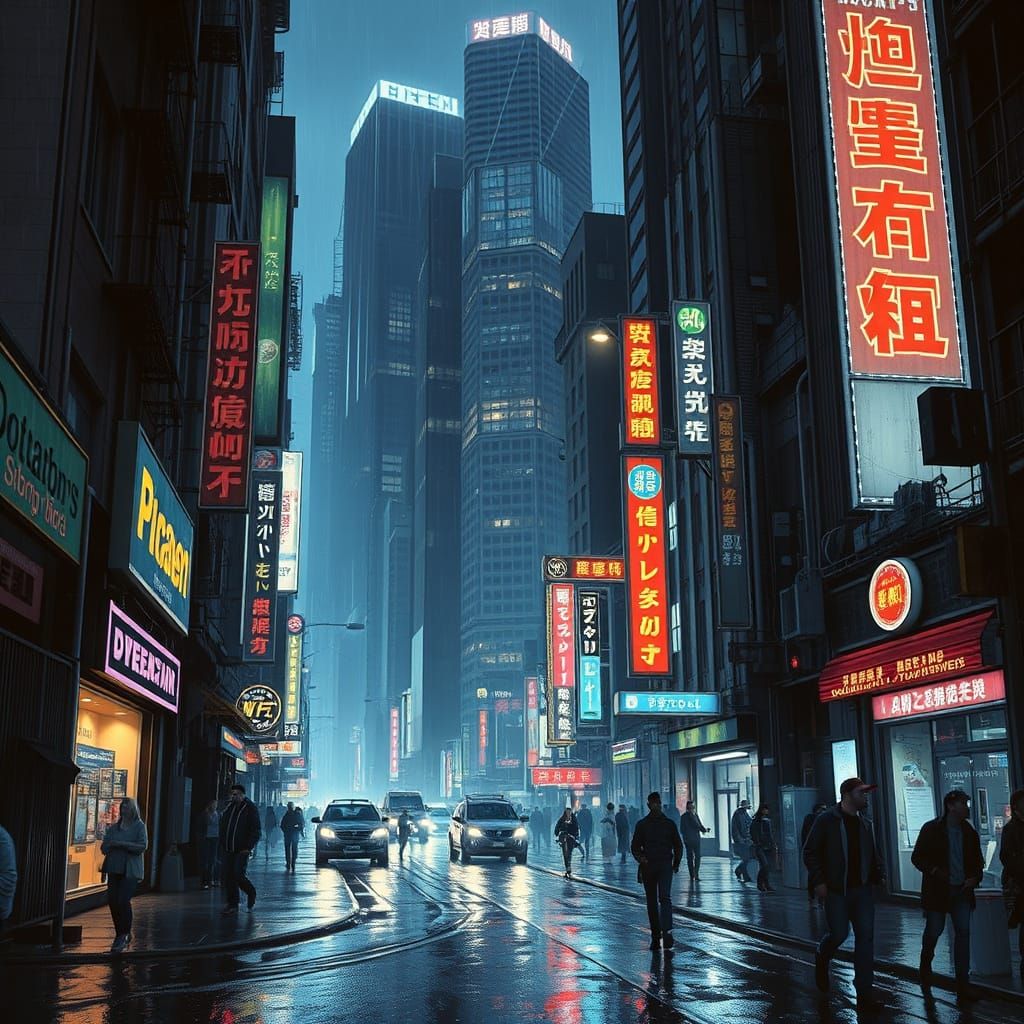 Cyberpunk Street Scene with Neon and Rain