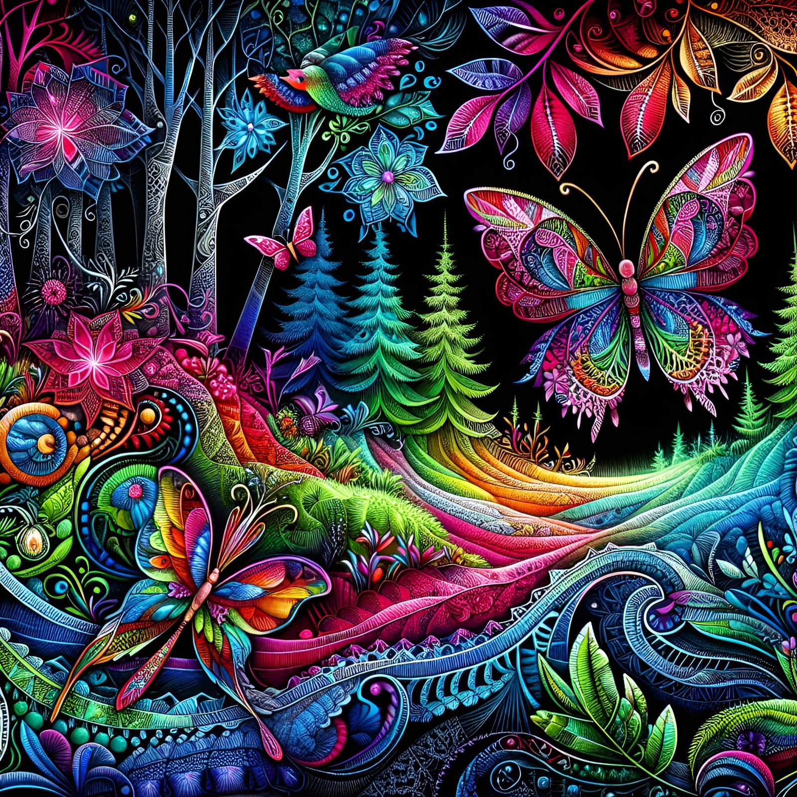 Prismatic neon painted on black velvet,  Fantasy fairy fores...