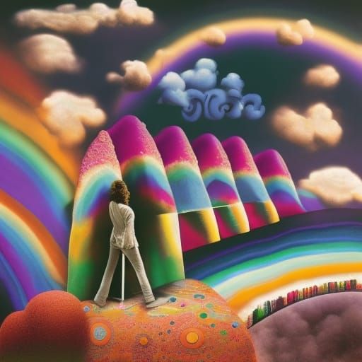 Psychedelic Cloudscape with Sushi and Rainbow Flowers
