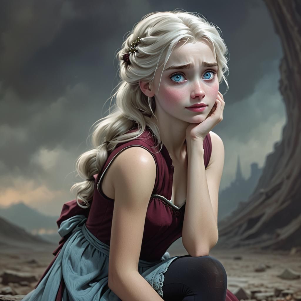 Embarrassed Blonde in Burgundy Dress: Digital Art