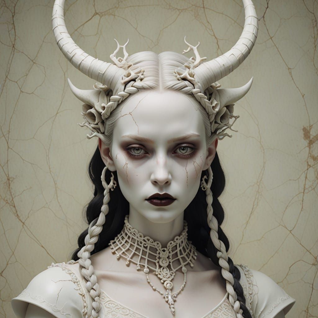 Gothic Porcelain Goddess with Horns and Bone Braids