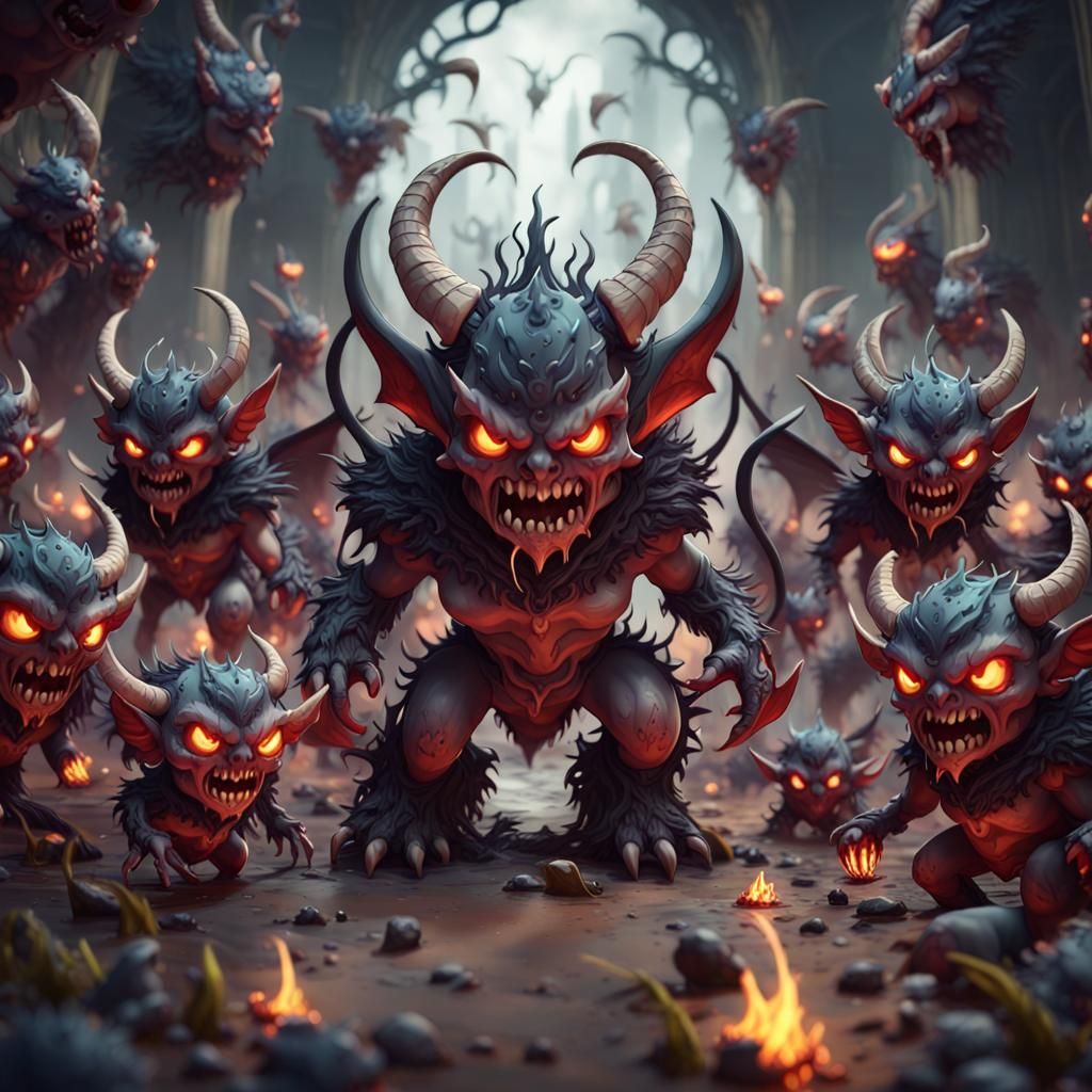 Chibi Demon Swarm in Detailed Matte Painting