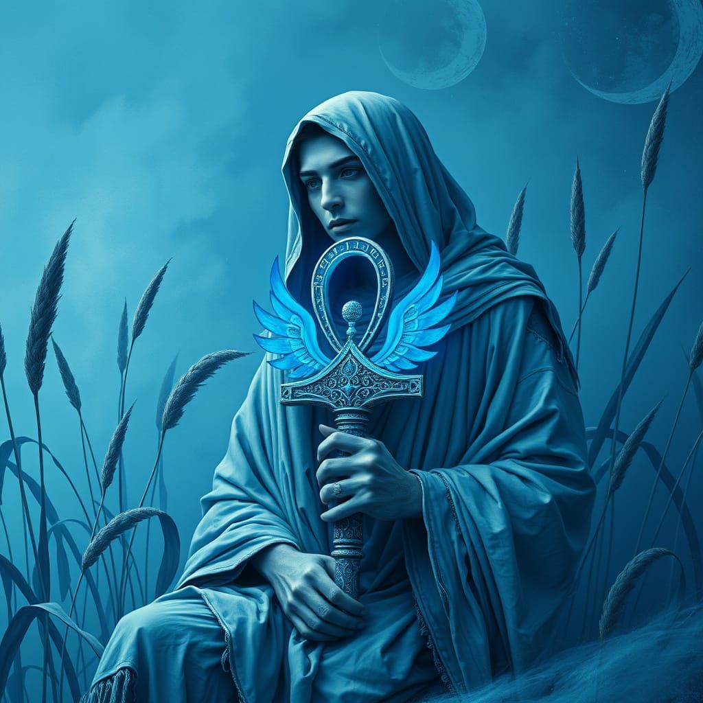 Blue Lotus Ankh Dreamer in Cyan Lapis Landscape