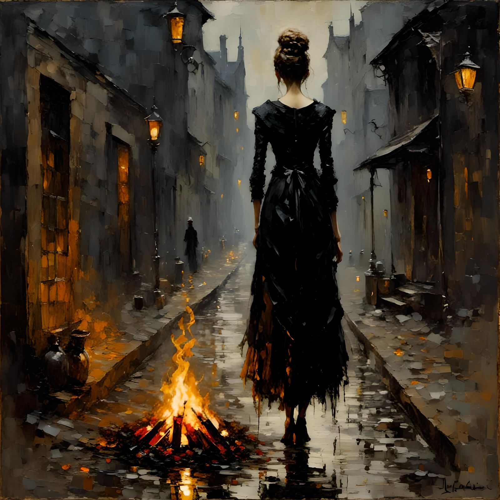 Sorrowful Eyes in Poor Alleyway with Bonfire, Impasto