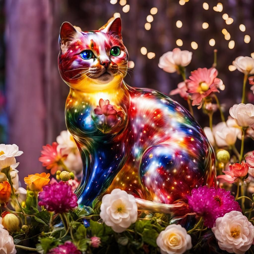 Whimsical Glass Sculpture of a Cute Cat Surrounded by Flower...