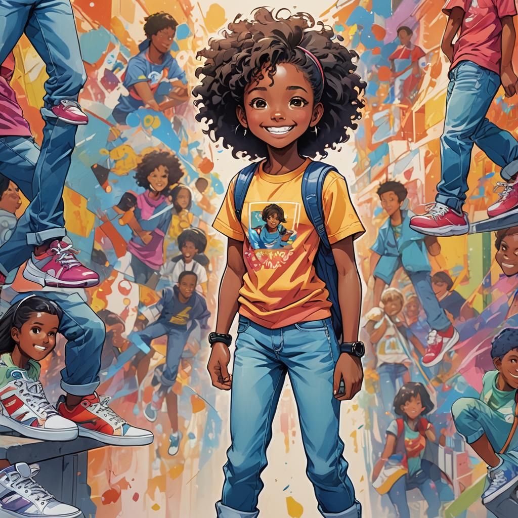 Smiling Afrodescendant Girl: Vibrant Anime Portrait