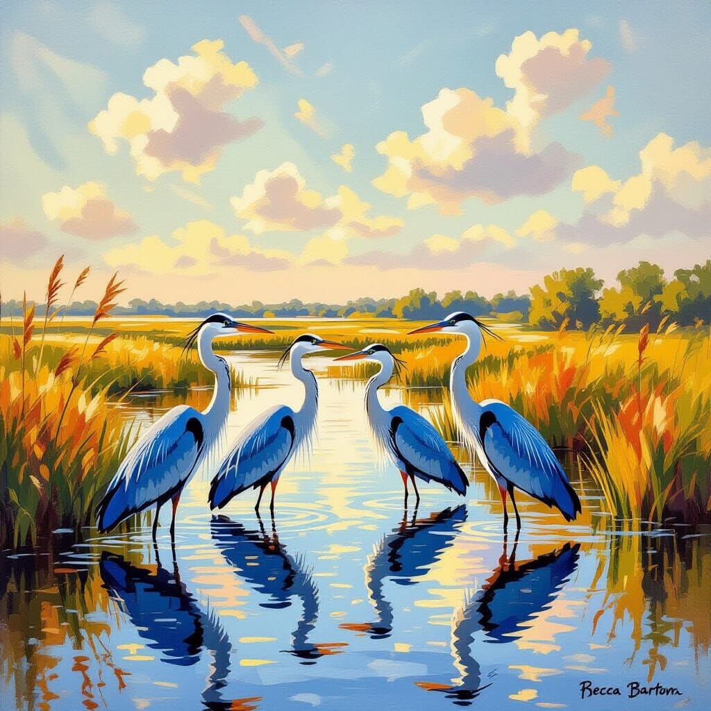 Great Blue Herons in Marshland, Impressionist Style