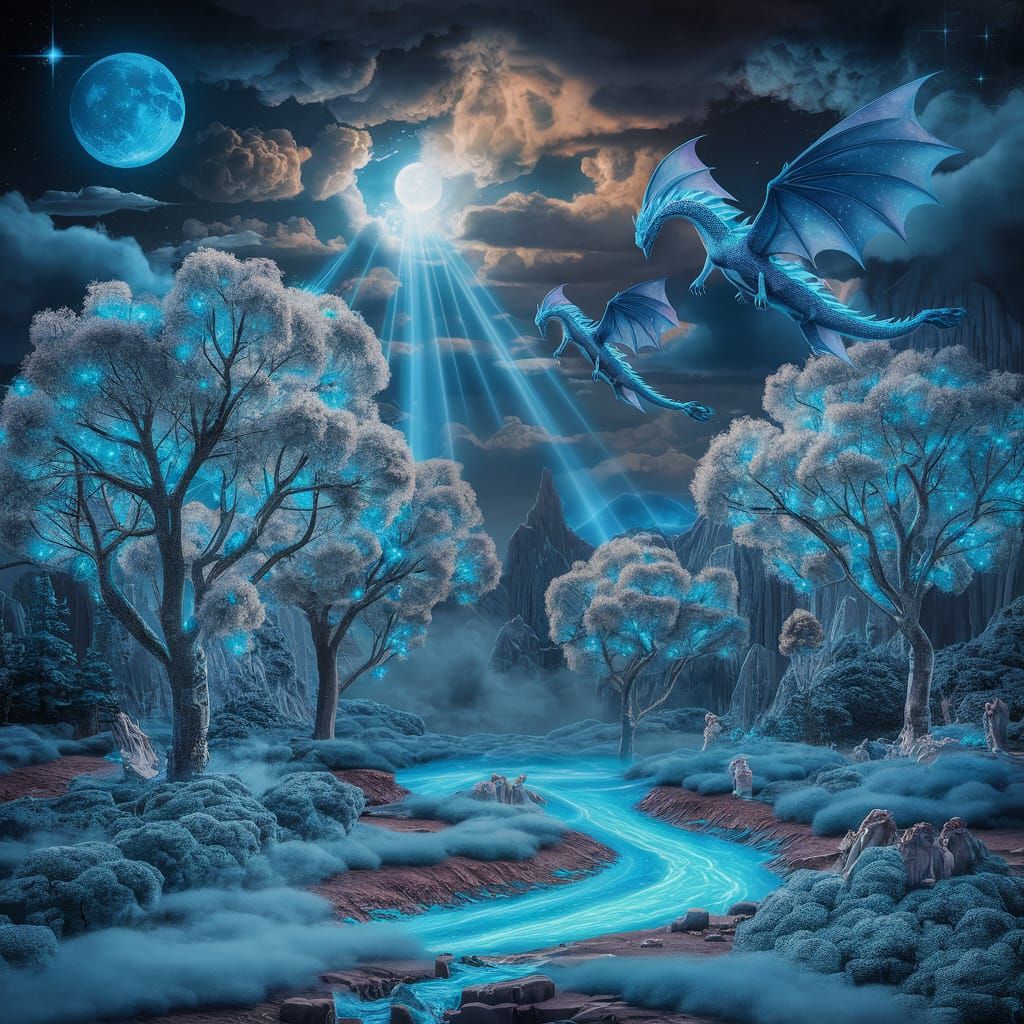 Enchanting Neon Blue World with Dragons