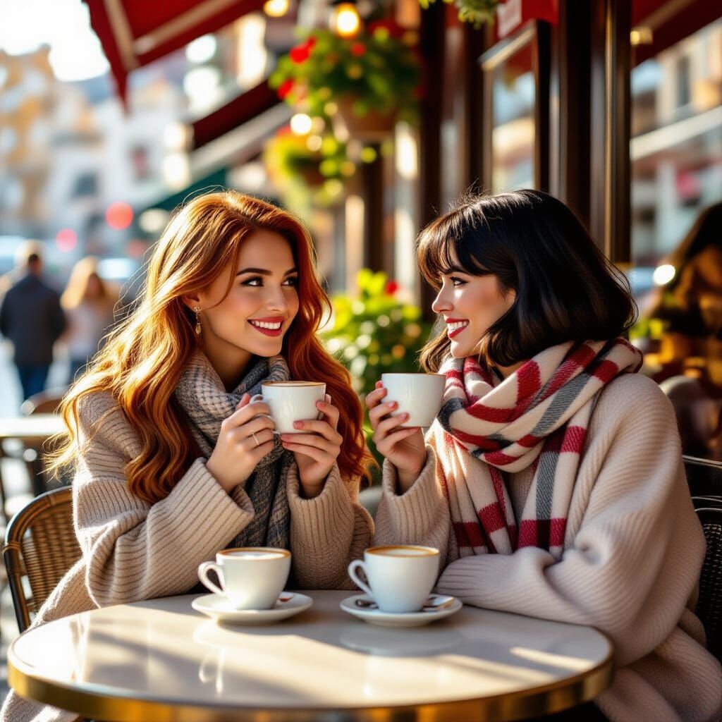 Romantic Autumn Scene: Italian Cafe with Two Women