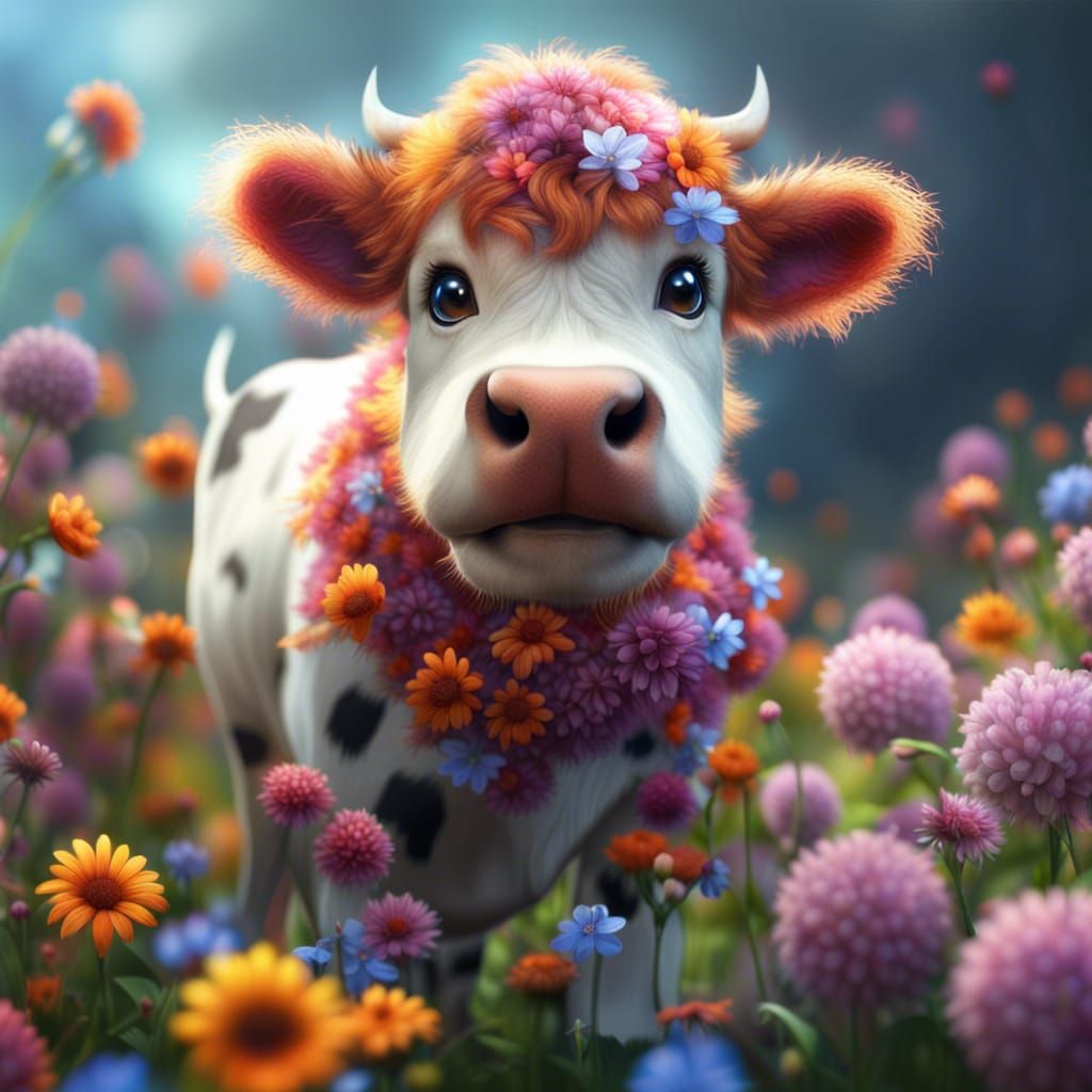 Fluffy Cow in a Flower Field