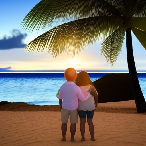 Hawaiian Sunset: Family Embrace on the Beach