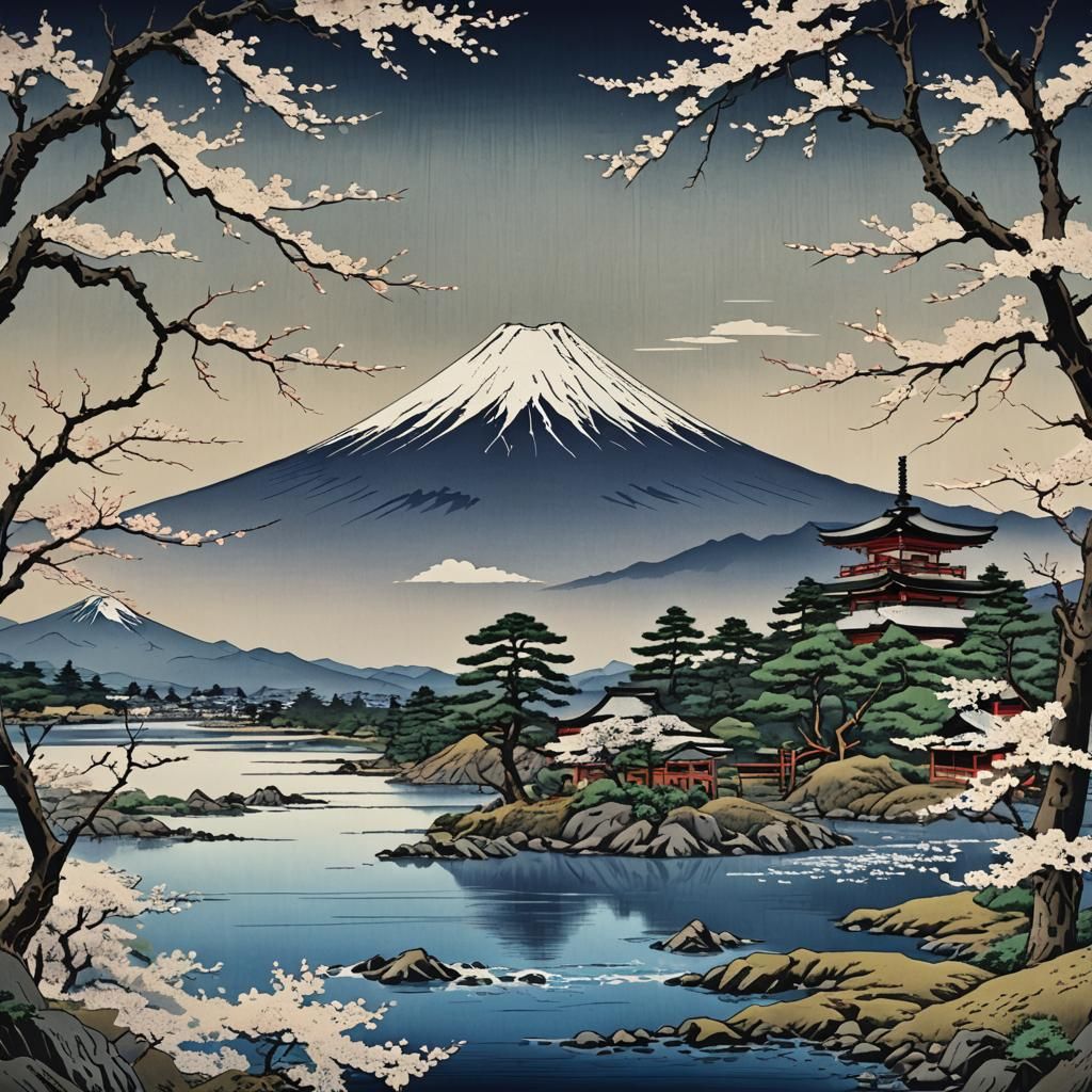 Serene Mount Fuji Landscape in Ukiyo-e Style