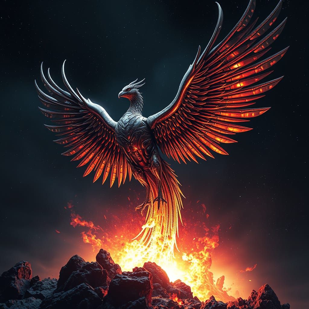 Biomechanical Phoenix Rising from Dying Star in Cosmic Horro...