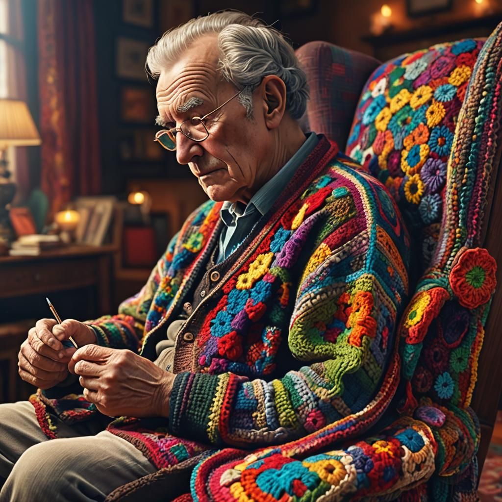 Hyperrealistic Old Man Crocheting an Afghan