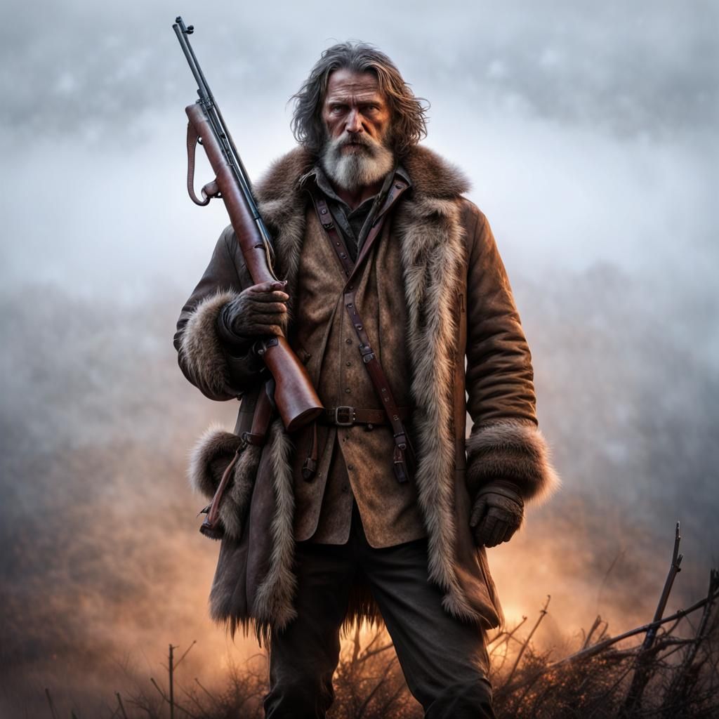 Misty Forest Mountain Man with Rifle in Hyperrealism