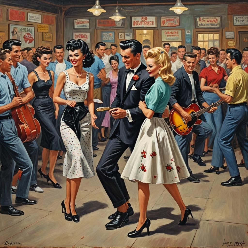 1950s Rockabilly Sock Hop Oil Painting