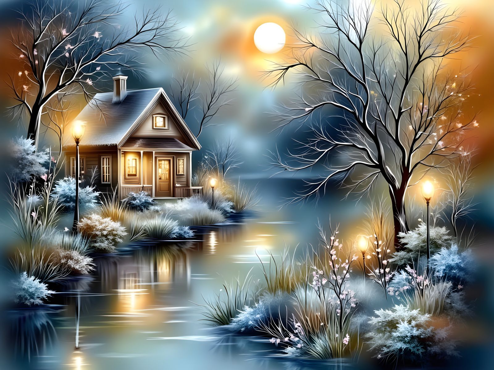 Vibrant Winter Sunrise over a Cozy Island Cabin