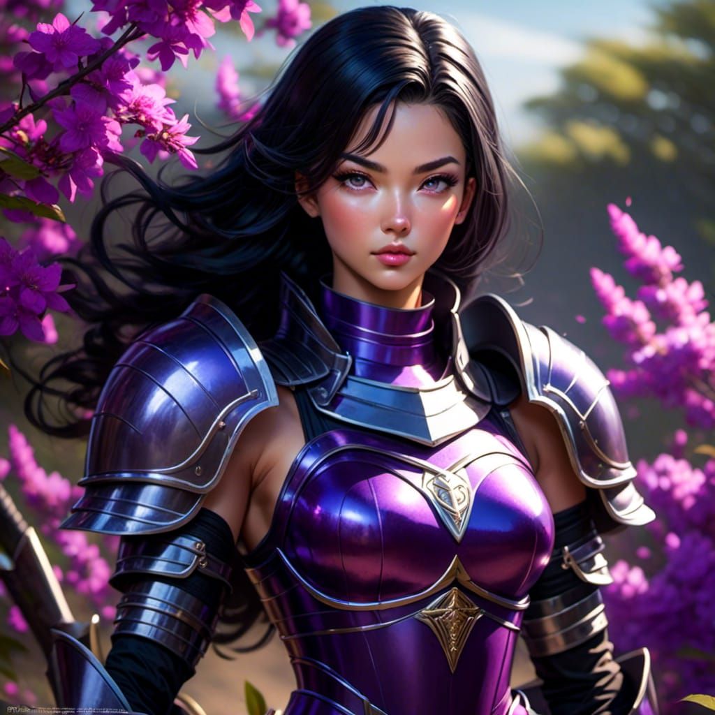 Female Knight in Neon Armour Walking Through Bush