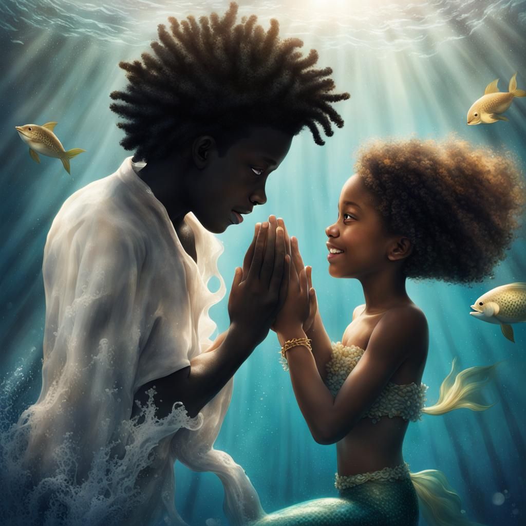 Enchanted Meeting: Boy and Mermaid in Deep Ocean