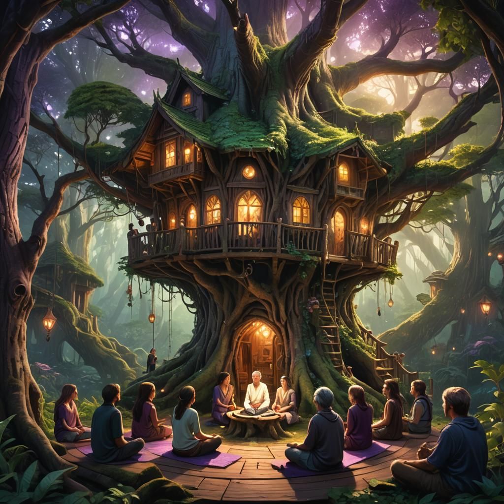 Meditating in Forest Treehouse: Fantasy Concept Art