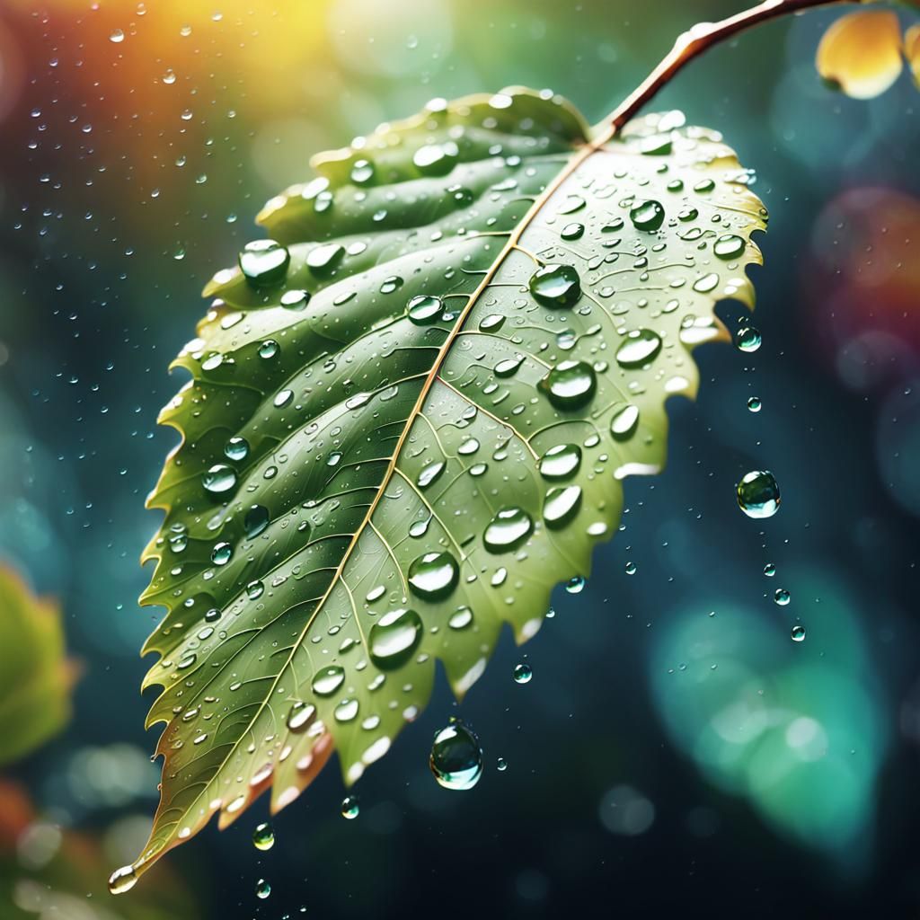 Hyperrealistic Leaf with Droplets in Splash Art