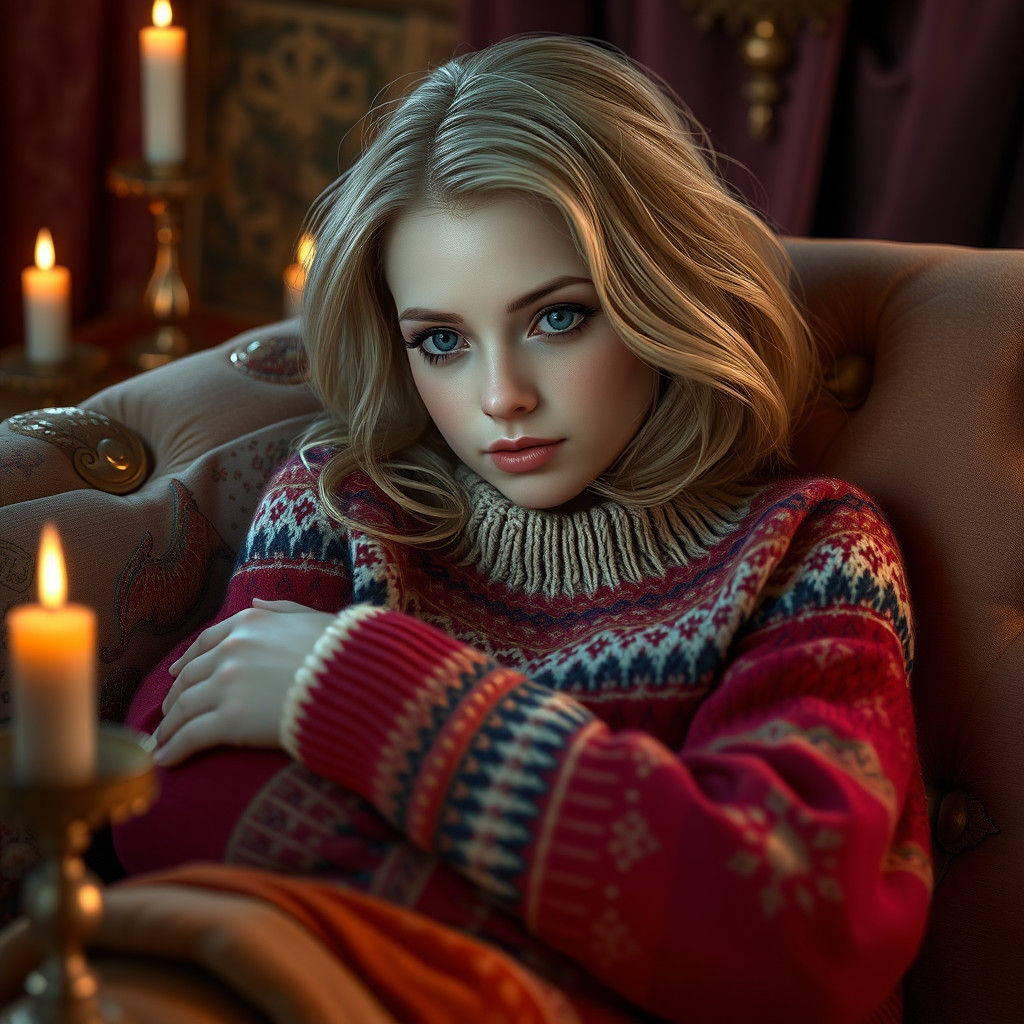 Cozy Woman in Fair Isle Sweater, Fantasy Art