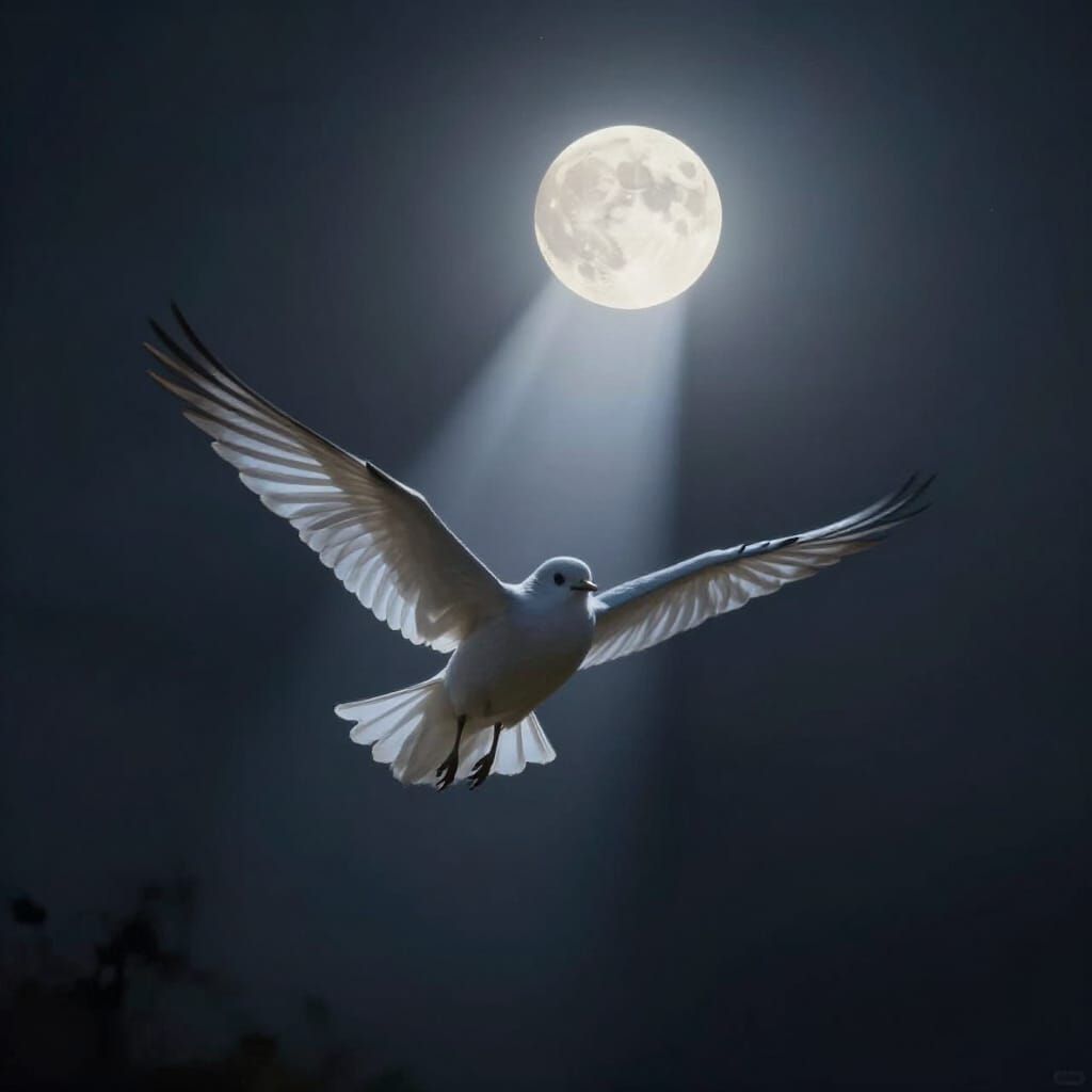 White Bird Flies Away in Moonbeam Digital Painting