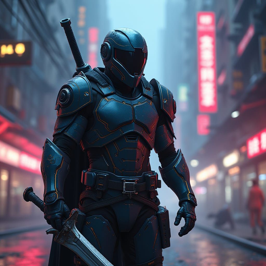 Cyberpunk Warrior in Neon City