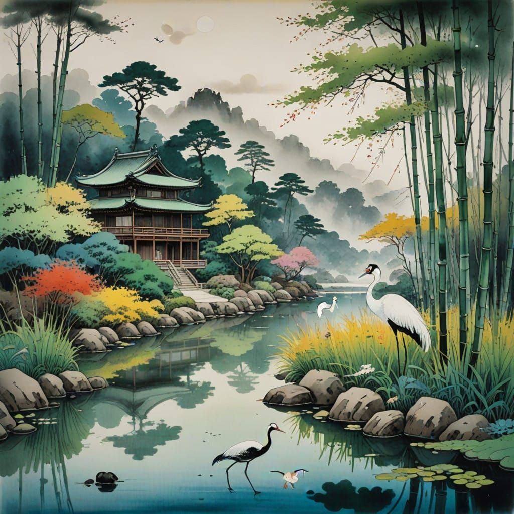 Serenely Beautiful Asian-Style Garden Scene with Majestic Cr...