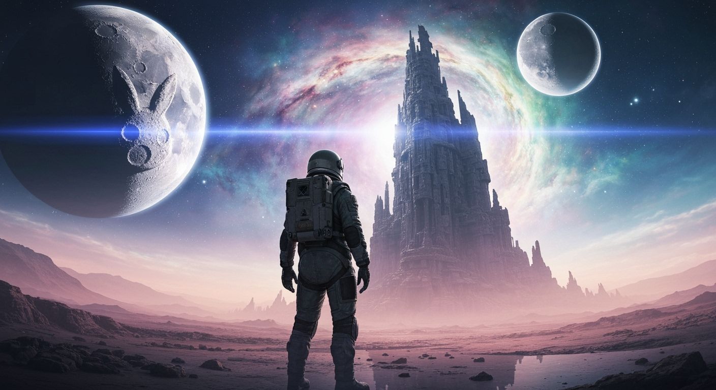 Astronaut on Alien Planet Gazing at Ancient Ruin