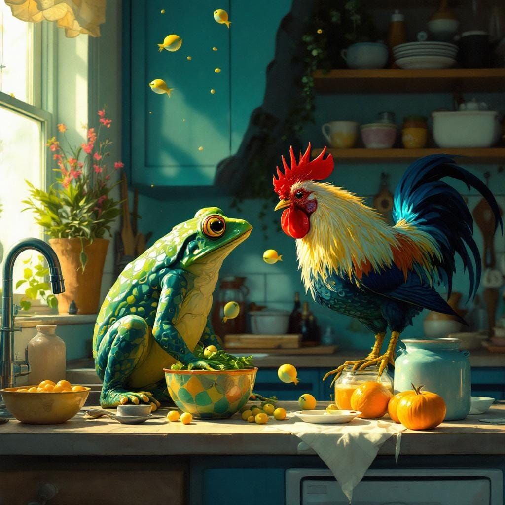 Surreal Kitchen Scene with Frog and Rooster