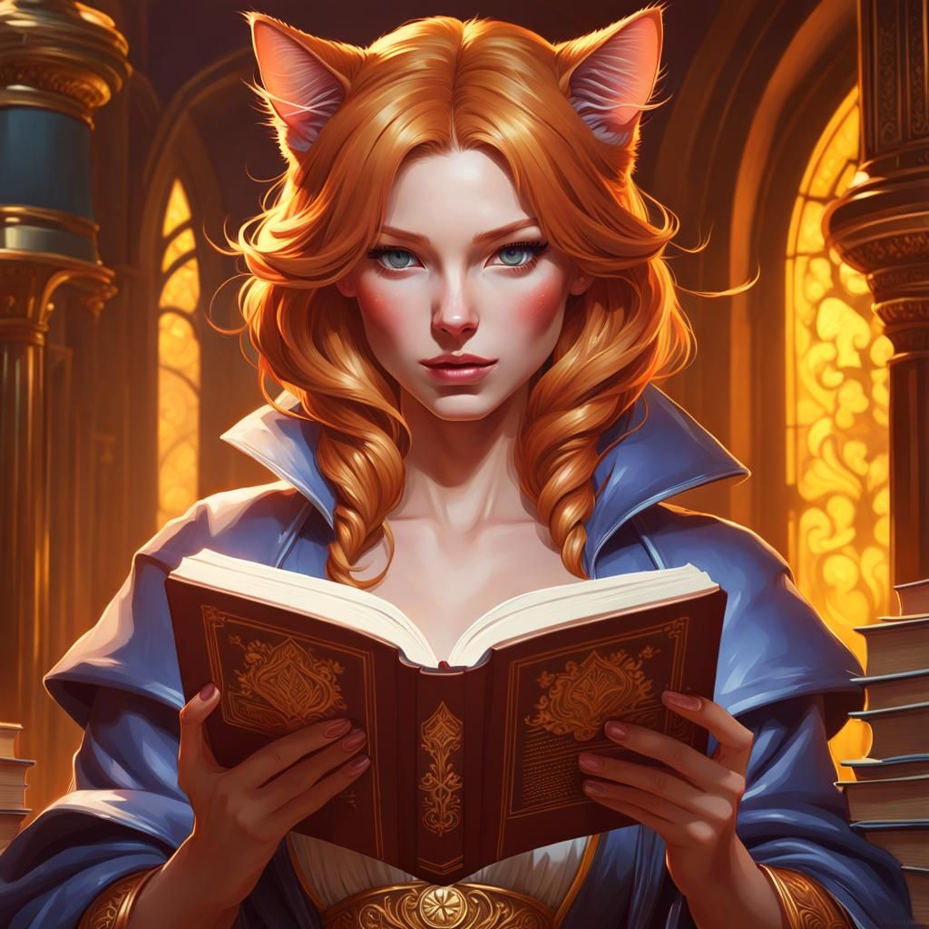 Ginger Cat Girl Reading Book: Detailed Portrait