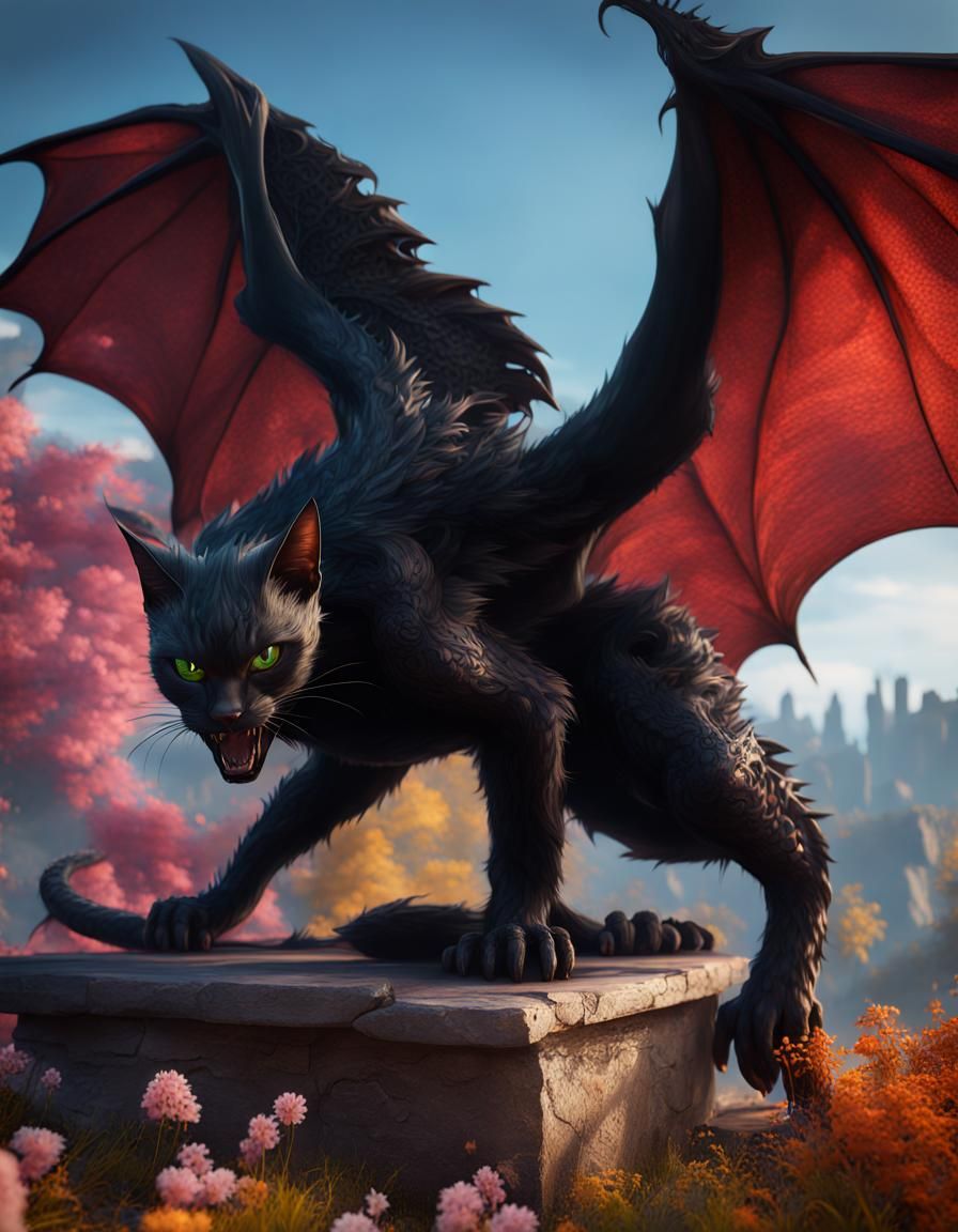 Hyperrealistic Black Cat and Dragon Game Scene