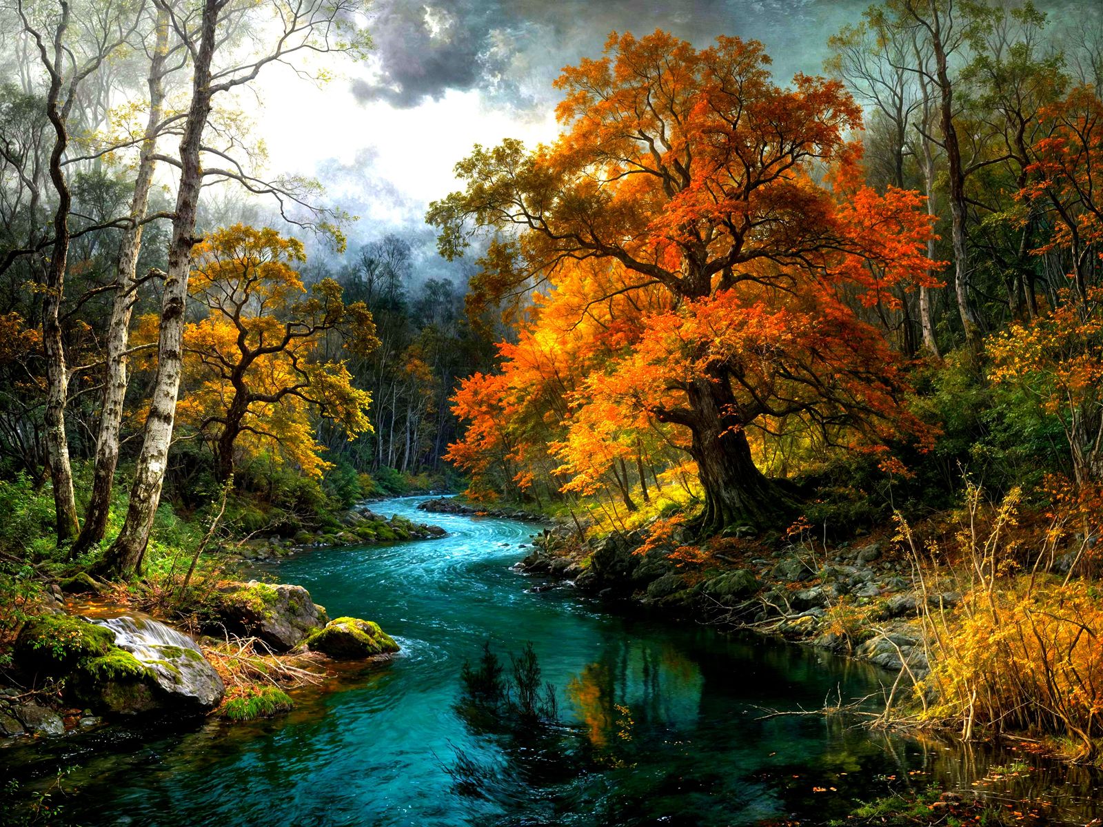 Moody Autumn Forest Landscape in Romantic Oil Painting Style
