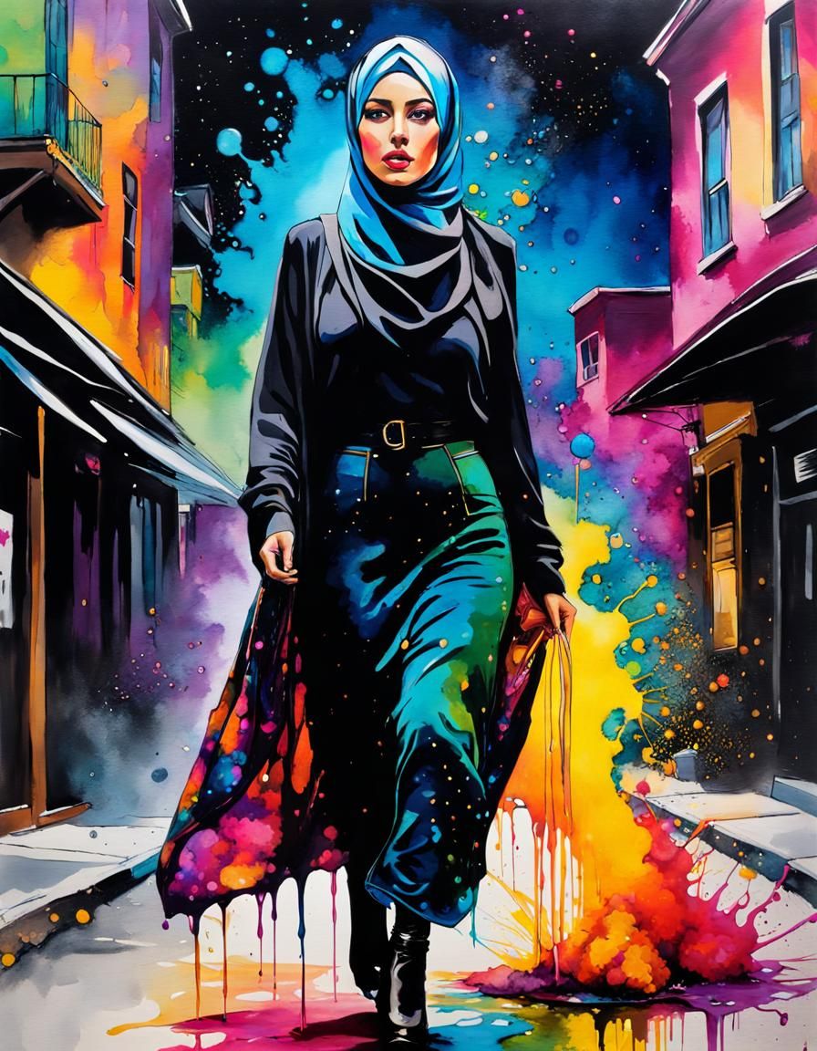 Psychedelic Hijabi Woman Portrait in Alcohol Ink Style