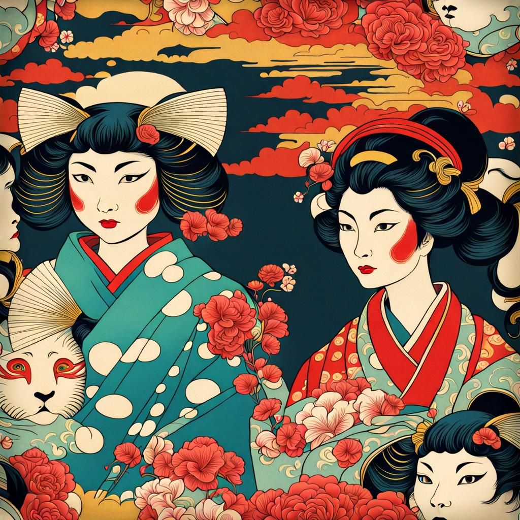 Early Japanese art Nouveau pop art style geisha and cat face...