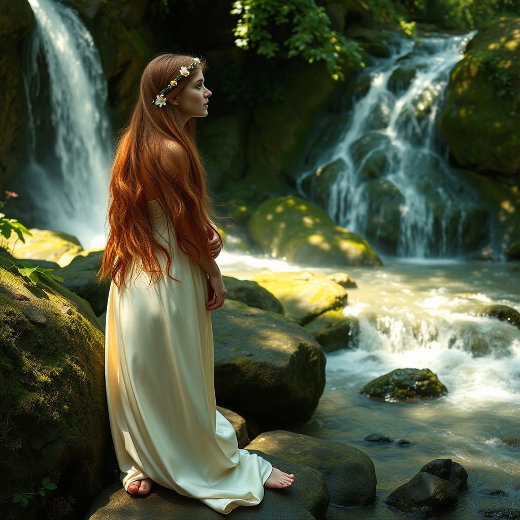 Ethereal Woman at Waterfall in Art Nouveau Style
