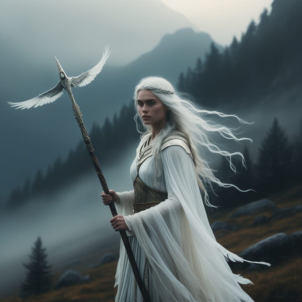Valkyrie in Ethereal Misty Landscape
