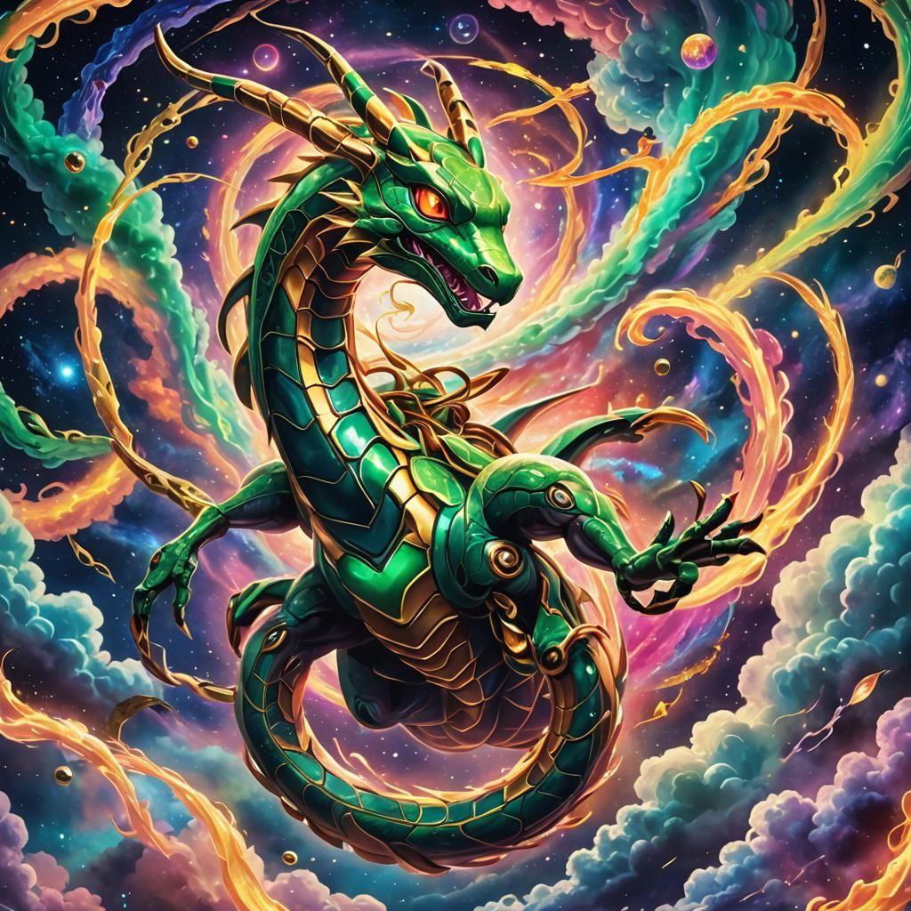 Rayquaza Rises from Cosmic Vortex in Astral Illustration